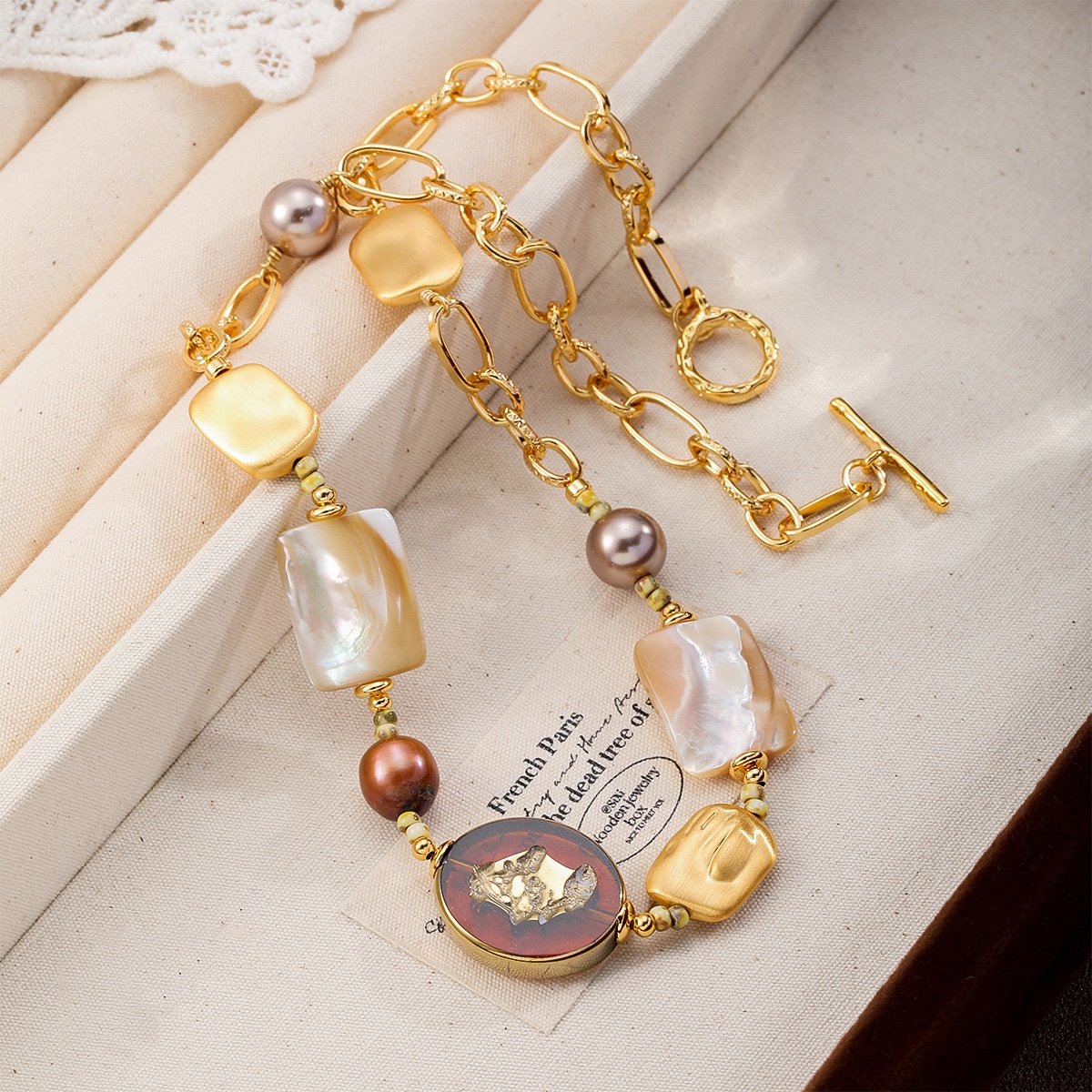 Vintage Cameo & Shell Beaded Jewelry Set | 18K Gold Plated Necklace & Bracelet - Image 2