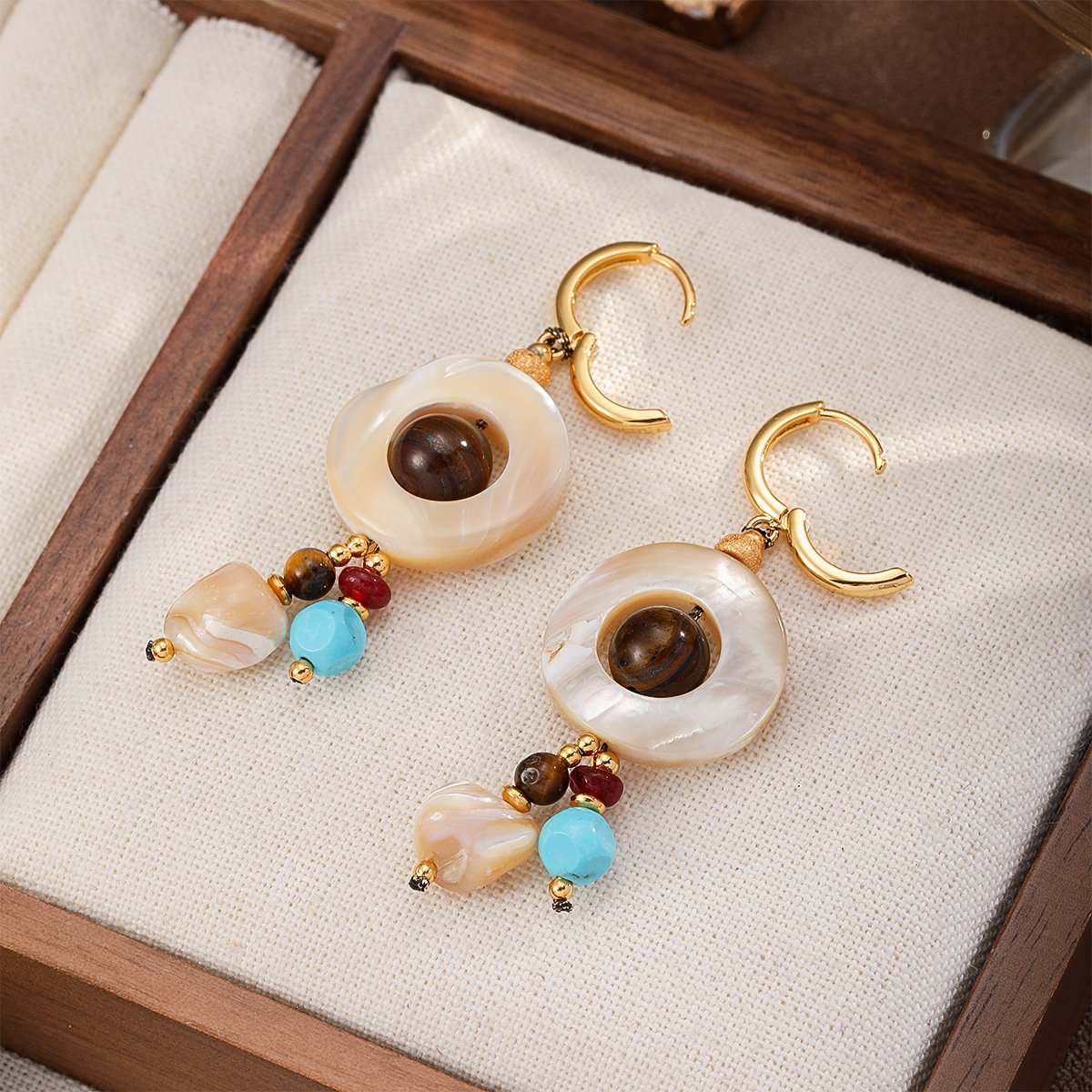 Boho Shell & Turquoise Bead Drop Earrings | Gold-Plated Earthy Tone Dangle Hoops - Image 4