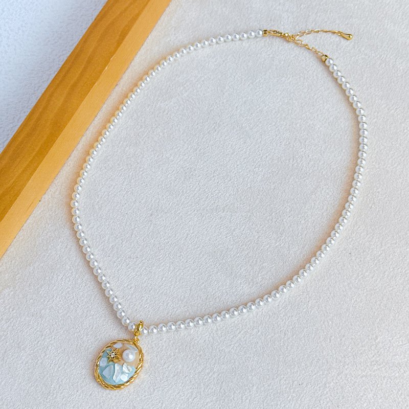 Ocean Star Enamel Pearl Jewelry Set | Gold-Plated Necklace & Stud Earrings - Image 3