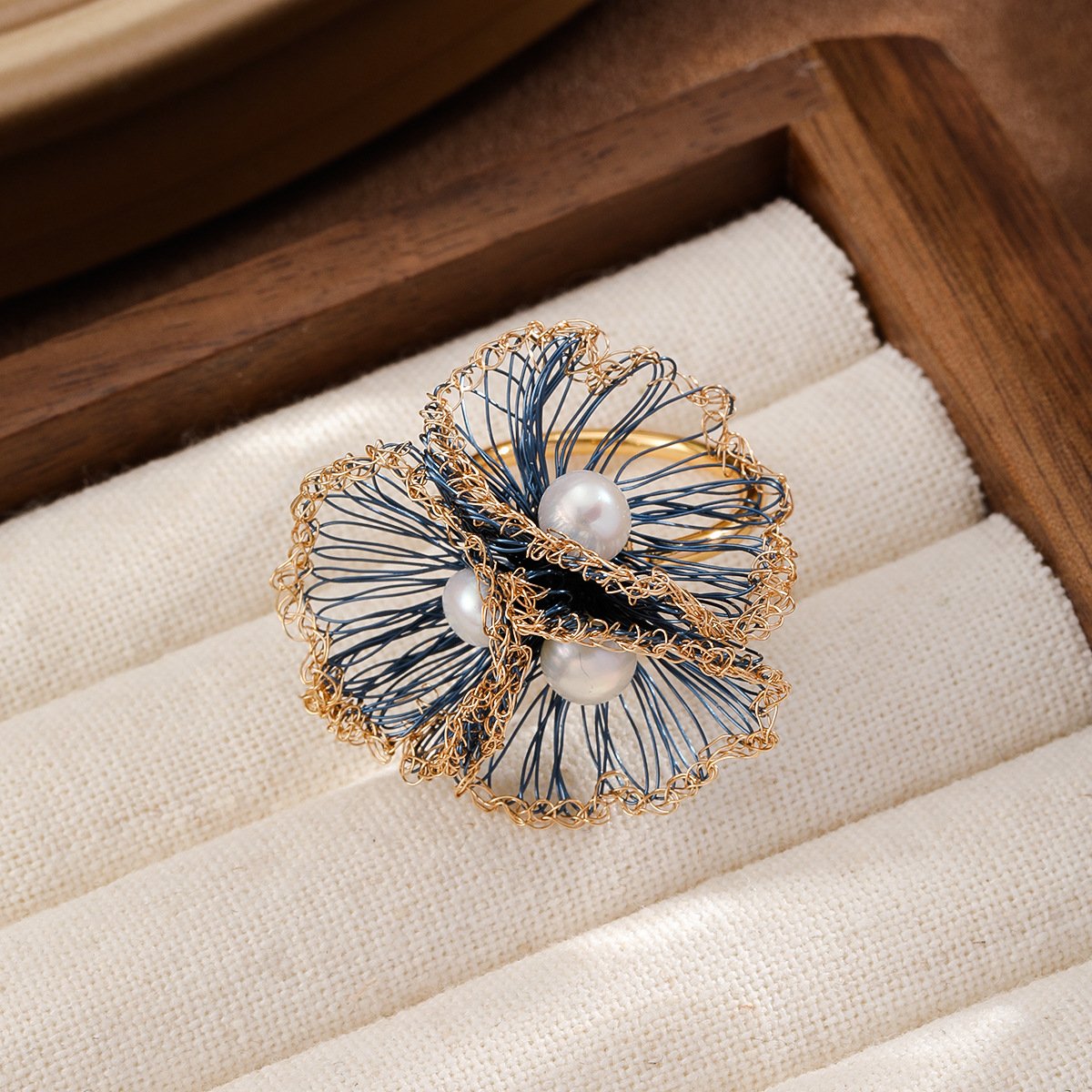 Hand-Woven Wire Flower Pearl Earrings | Gold-Plated Dainty Statement Studs - Image 5