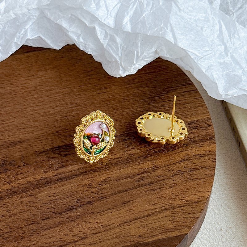 Vintage Rose Enamel Pearl Jewelry Set | Gold-Plated Necklace & Stud Earrings - Image 4