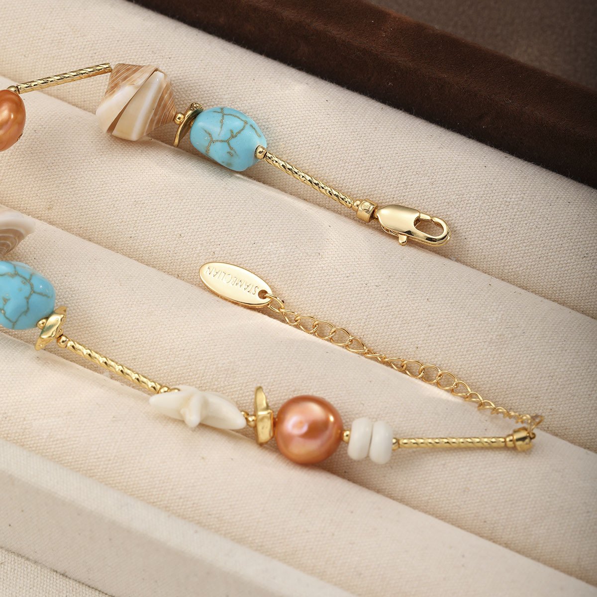 18K Gold Plated Bohemian Shell & Turquoise Beaded Bracelet, Adjustable Tropical Beach Charm Bracelet for Women - Image 4