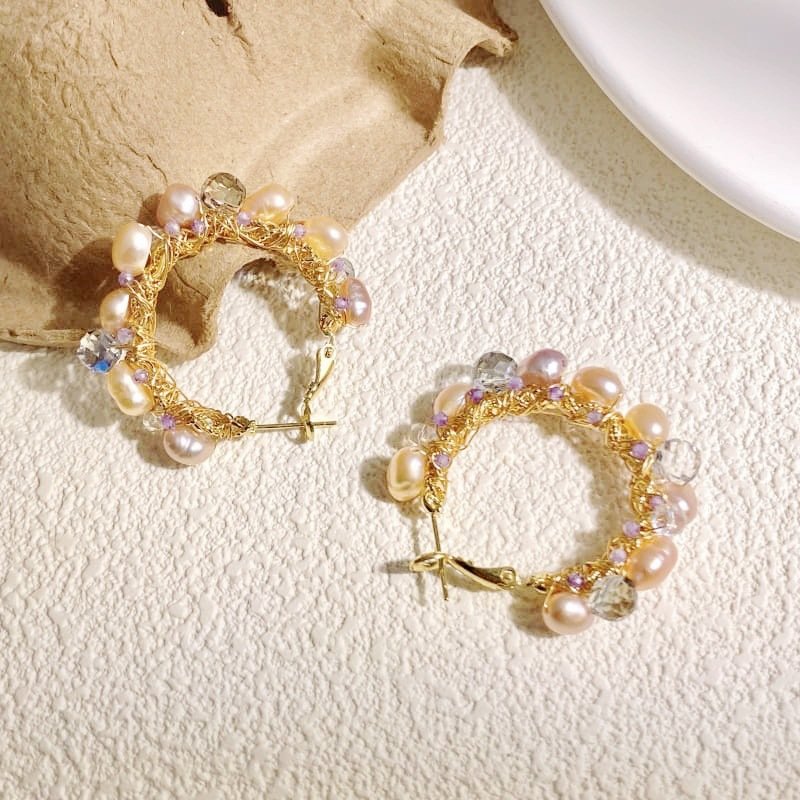 18K Gold Plated Handmade Wire Wrapped Baroque Pearl Hoop Earrings, Multicolor Crystal Beaded Statement Hoops for Women - Image 3