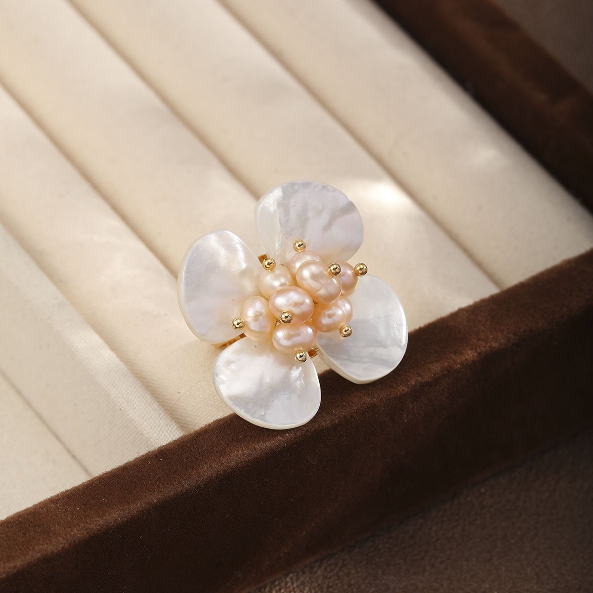 18K Gold Plated Mother of Pearl Flower Adjustable Ring, Baroque Pearl Floral Statement Ring for Women - Image 5