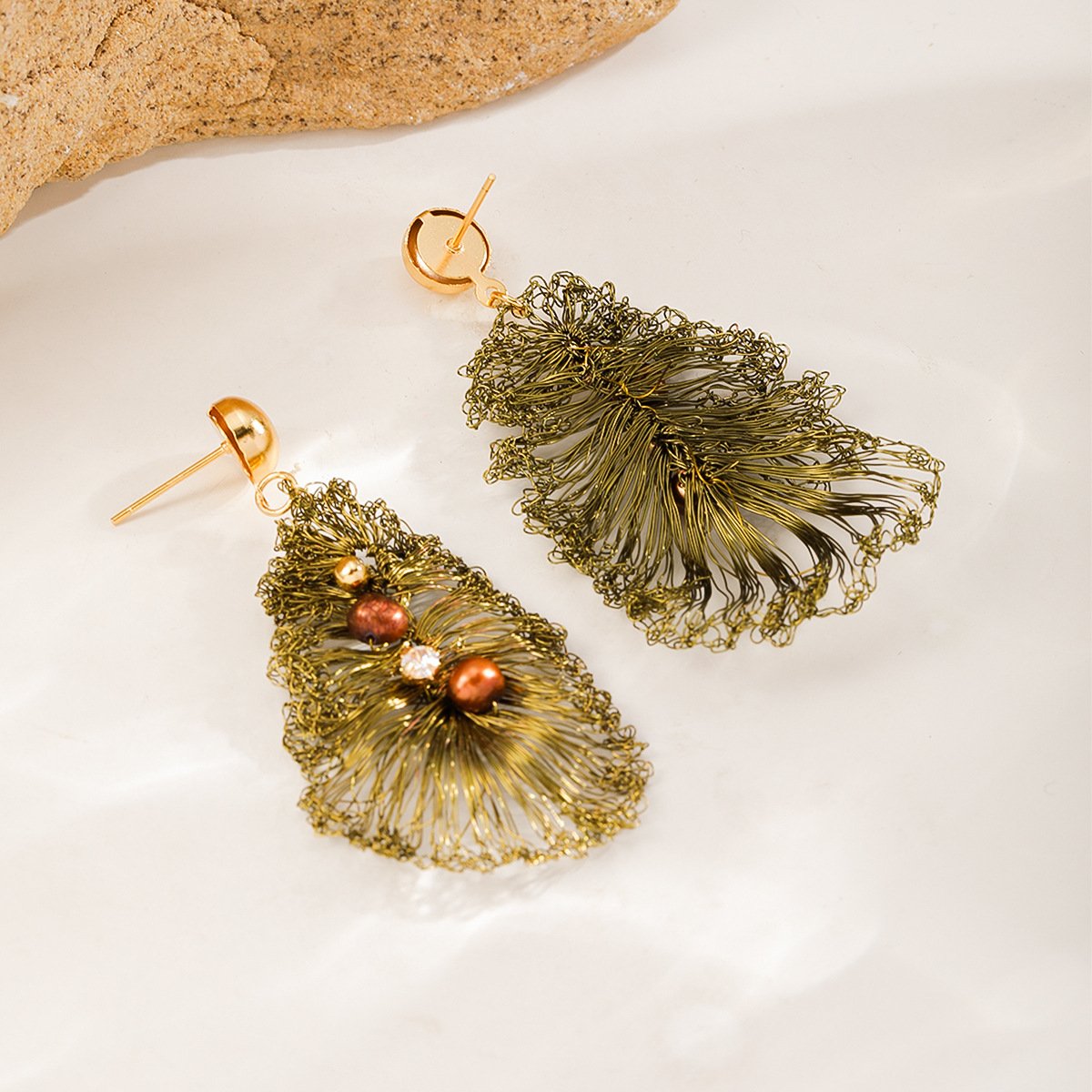 Handmade Crocheted Leaf-Shaped Tassel Earrings | 18K Gold Plated Statement Jewelry - Image 3