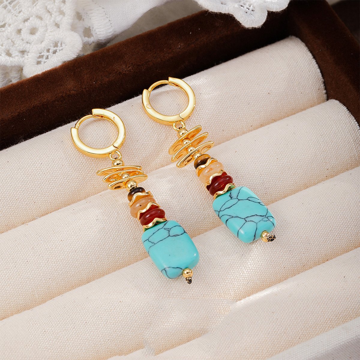 Boho Mix-and-Match Stone Huggie Earrings Set | 18K Gold Plated Turquoise & Crystal Drop Hoops - Image 5