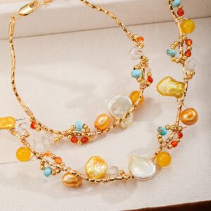 Boho Handmade Gemstone Jewelry Set - 18K Gold Plated Wire-Wrapped Necklace & Bracelet with Baroque Pearl, Turquoise & Citrine