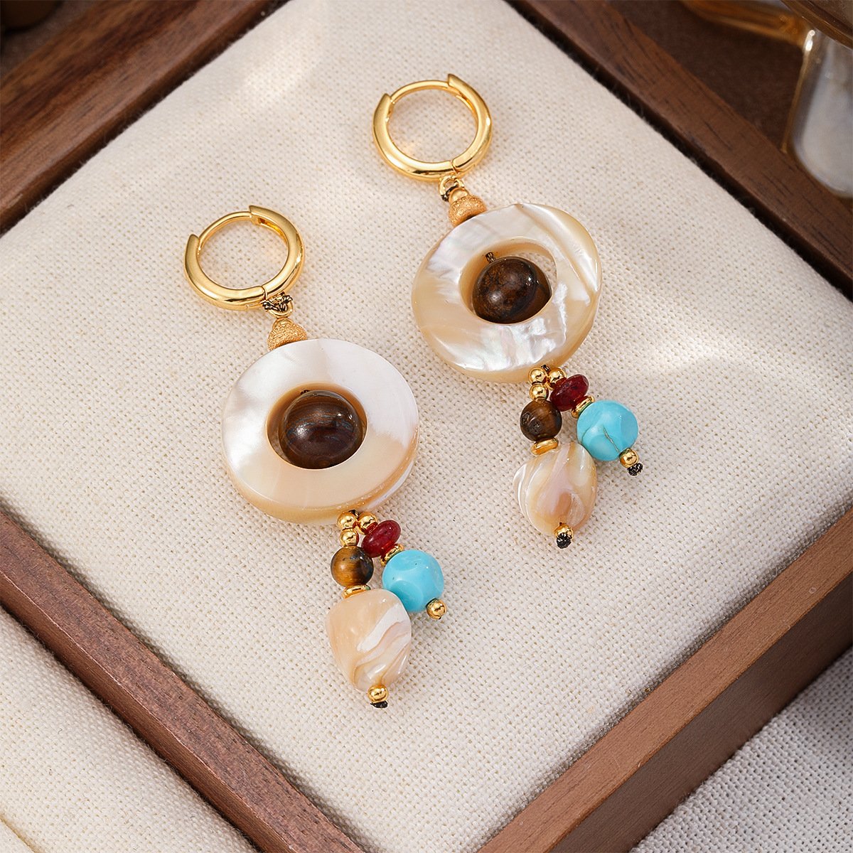 Boho Shell & Turquoise Bead Drop Earrings | Gold-Plated Earthy Tone Dangle Hoops - Image 2
