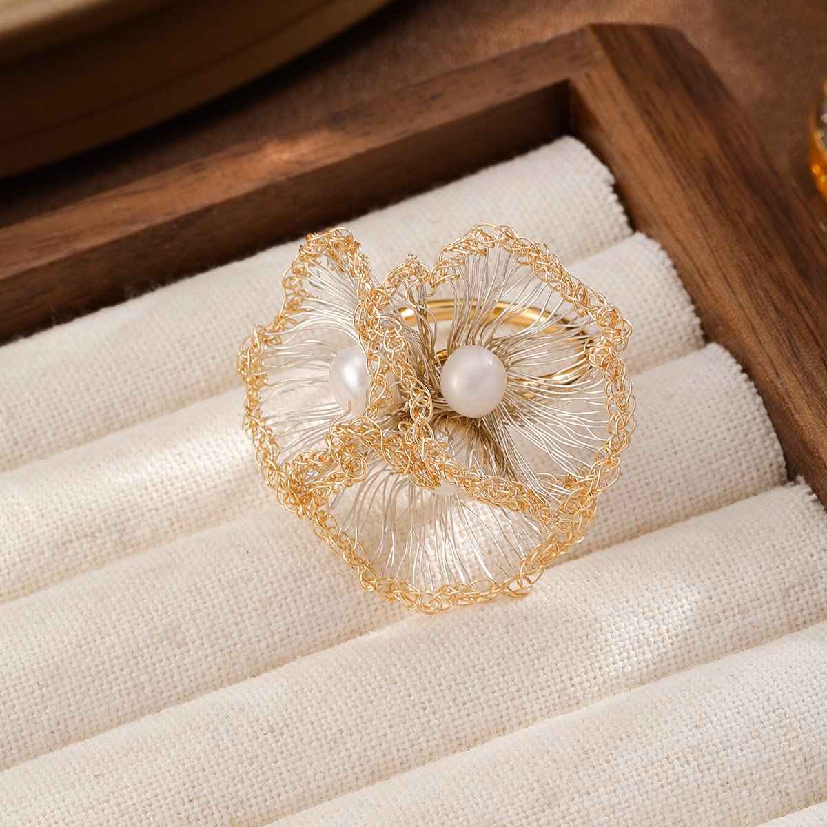 Hand-Woven Wire Flower Pearl Earrings | Gold-Plated Dainty Statement Studs - Image 6