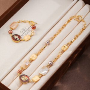 Vintage Cameo & Shell Beaded Jewelry Set | 18K Gold Plated Necklace & Bracelet