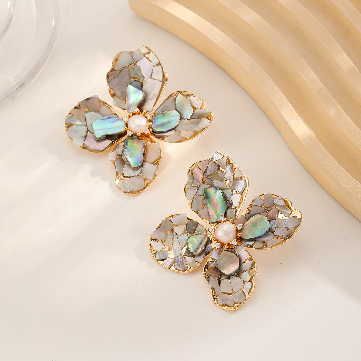 Iridescent Abalone Shell Flower Earrings, 18K Gold Plated Boho Statement Studs - Image 2