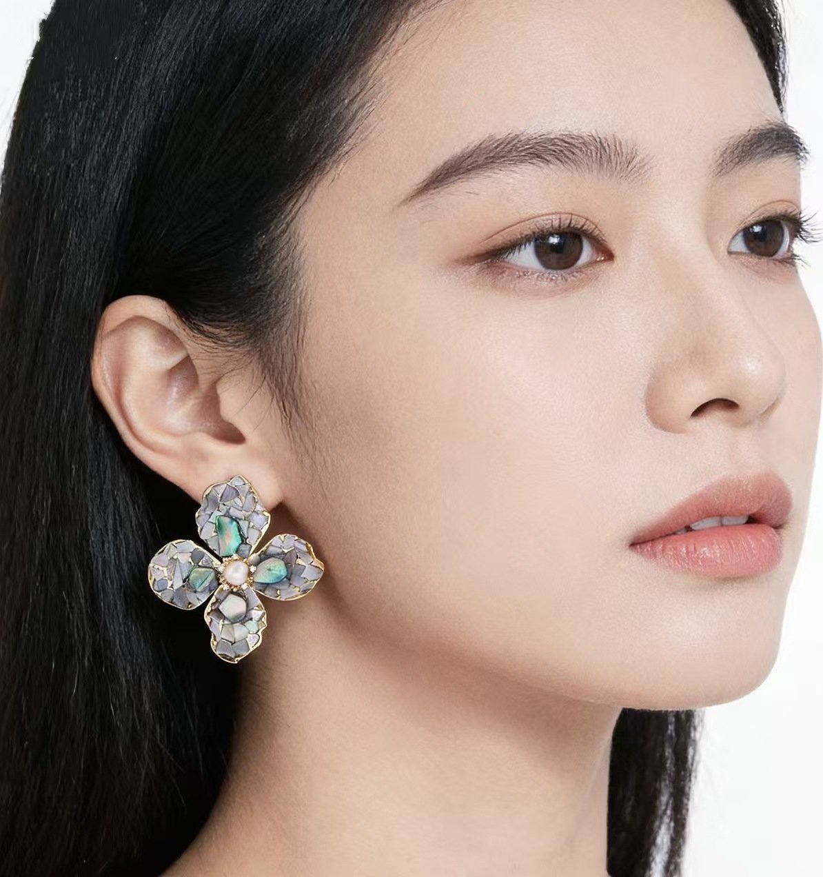 Iridescent Abalone Shell Flower Earrings, 18K Gold Plated Boho Statement Studs