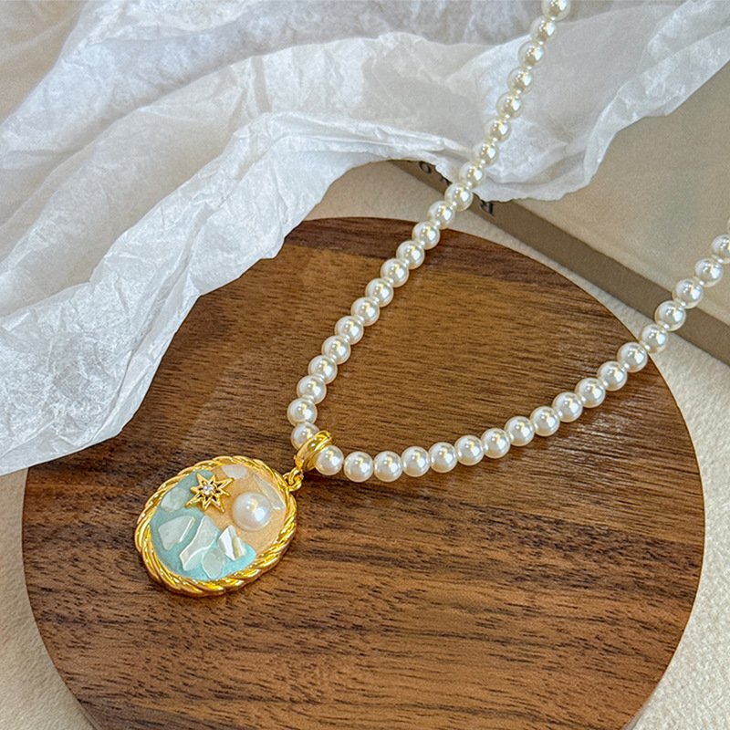 Ocean Star Enamel Pearl Jewelry Set | Gold-Plated Necklace & Stud Earrings - Image 2