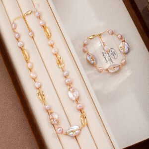 18K Gold Plated Baroque Pearl Jewelry Set - Shell Chain Necklace & Bracelet Two-Piece Set