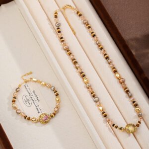 Boho Tiger's Eye & Baroque Pearl Jewelry Set | Gold-Plated Necklace & Bracelet