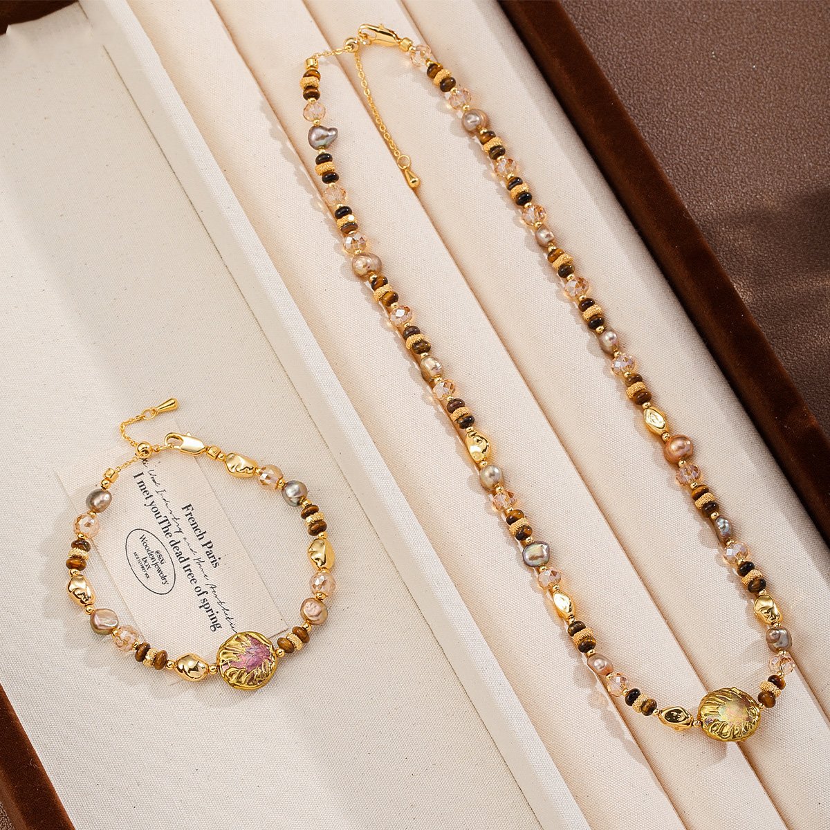 Boho Tiger's Eye & Baroque Pearl Jewelry Set | Gold-Plated Necklace & Bracelet