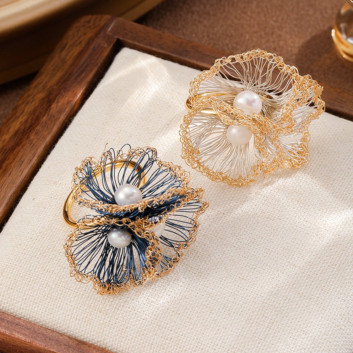 Hand-Woven Wire Flower Pearl Earrings | Gold-Plated Dainty Statement Studs