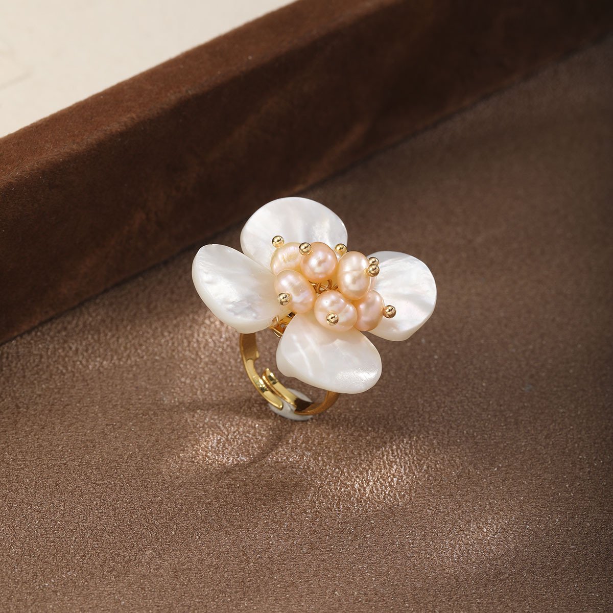 18K Gold Plated Mother of Pearl Flower Adjustable Ring, Baroque Pearl Floral Statement Ring for Women - Image 2