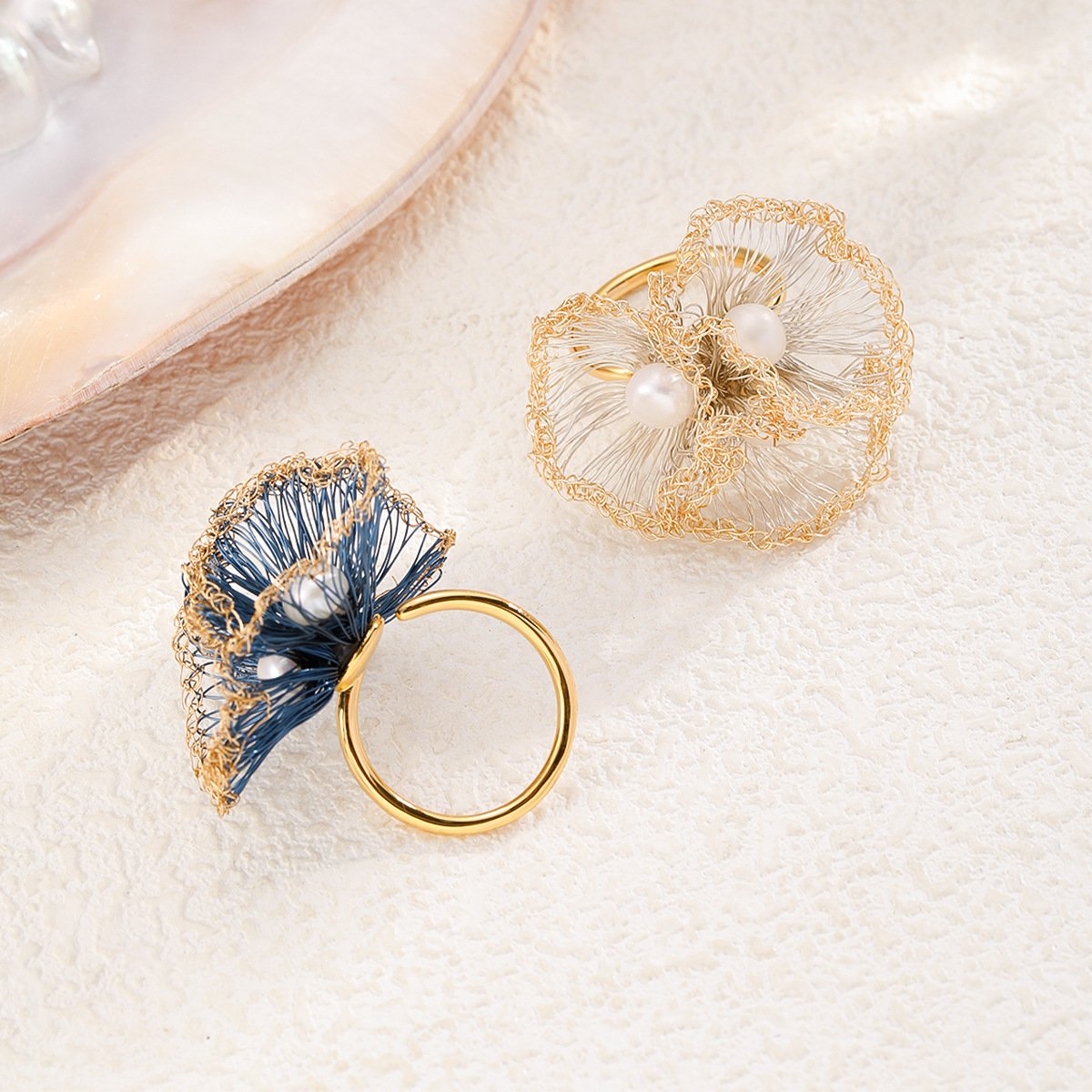 Hand-Woven Wire Flower Pearl Earrings | Gold-Plated Dainty Statement Studs - Image 3