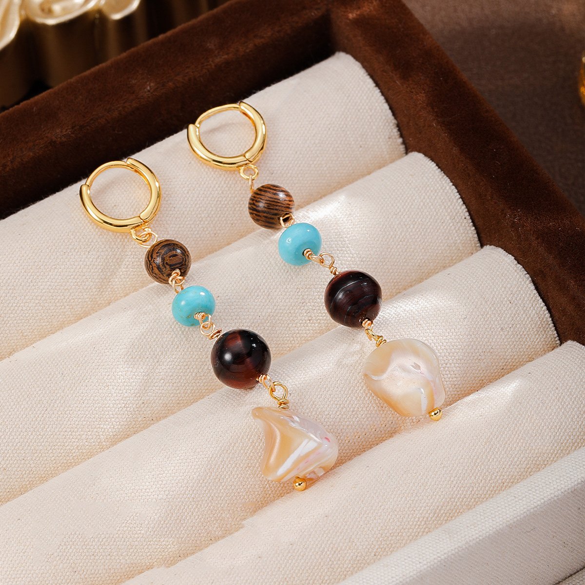 Boho Mix-and-Match Stone Huggie Earrings Set | 18K Gold Plated Turquoise & Crystal Drop Hoops - Image 4